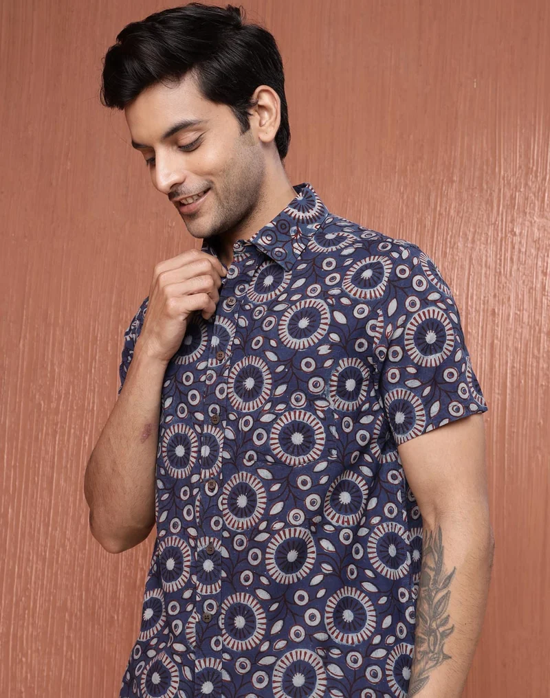 Fabindia  Indigo Cotton Bagh Printed Shirt for Men | Best Price UAE