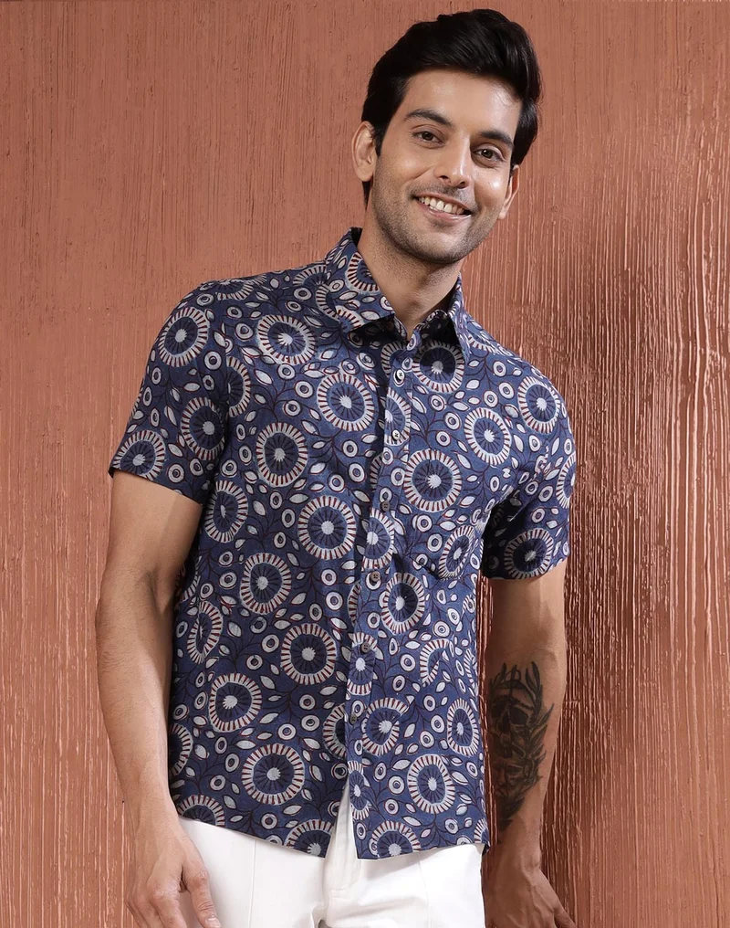 Fabindia  Indigo Cotton Bagh Printed Shirt for Men | Best Price UAE