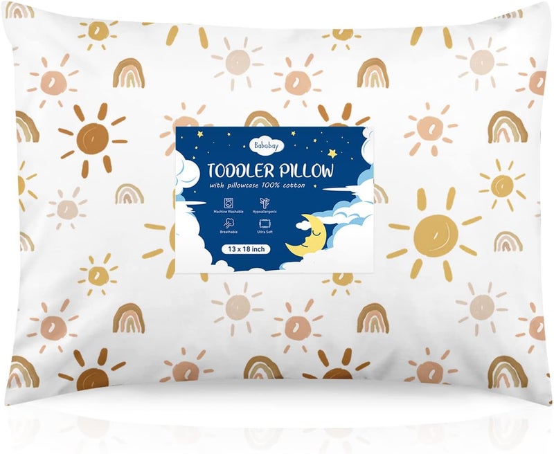 Babebay Toddler Pillow, 13X18 Toddler Pillows for Sleeping, Machine Washable Kids Pillow with Pillowcase, Perfect for Travel, Toddlers Cot (Sunshine Rainbow) - Image 1