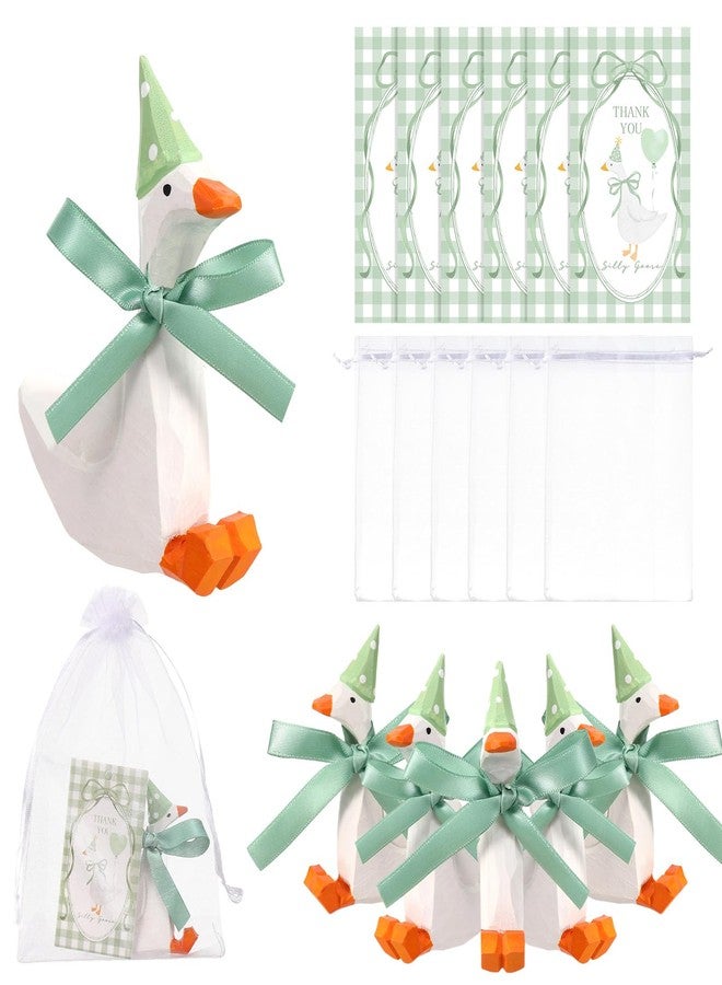 Leinuosen 6 Set Wooden Silly Goose Party Favors Handmade Mini Goose Figurines Gift with Thank You Card, Organza Bag Wooden Table Decor for Baby Shower Birthday Farm Themed Party (Green) - Image 1