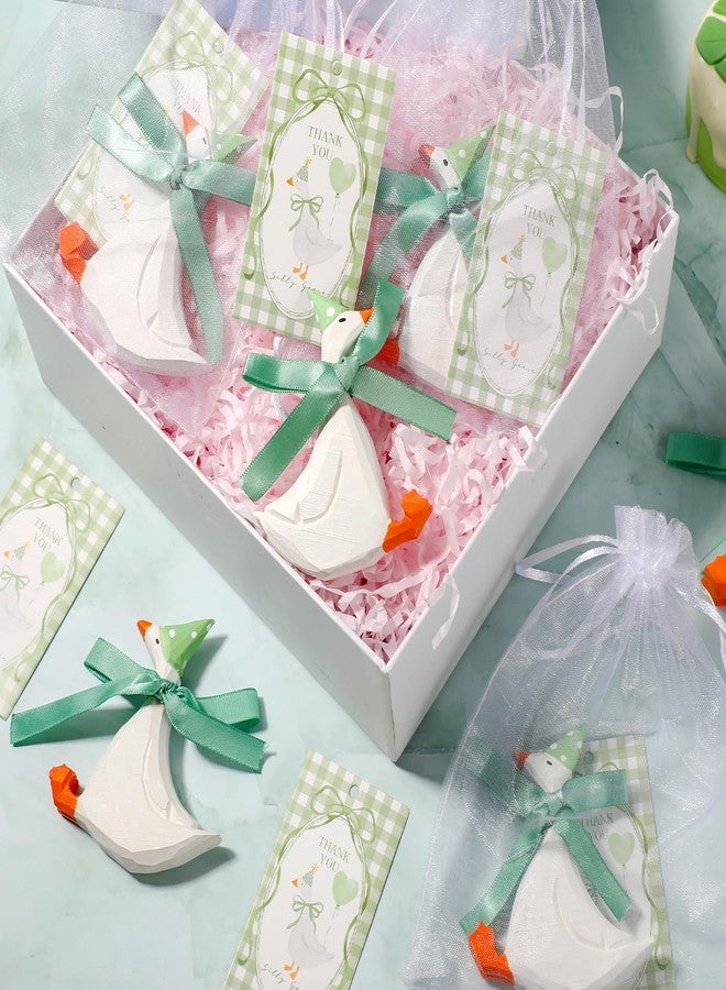 Leinuosen 6 Set Wooden Silly Goose Party Favors Handmade Mini Goose Figurines Gift with Thank You Card, Organza Bag Wooden Table Decor for Baby Shower Birthday Farm Themed Party (Green) - Image 5