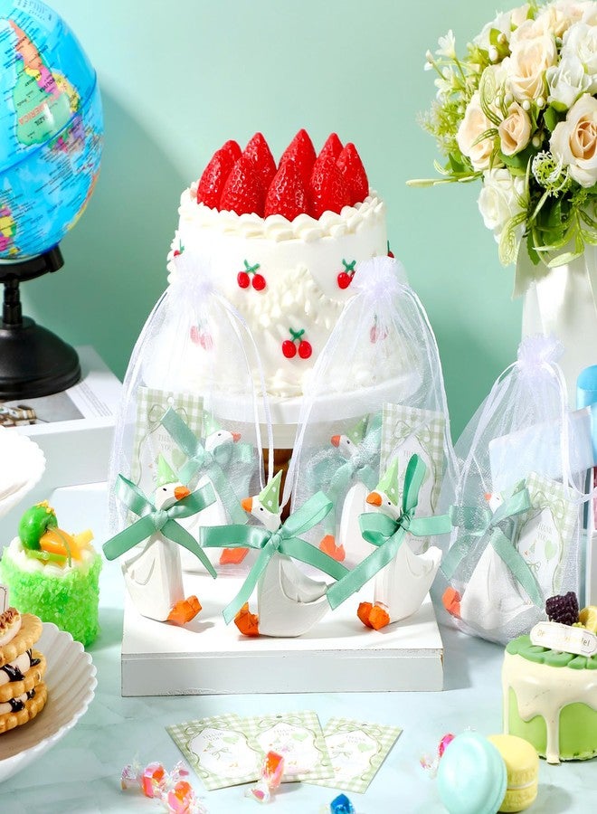 Leinuosen 6 Set Wooden Silly Goose Party Favors Handmade Mini Goose Figurines Gift with Thank You Card, Organza Bag Wooden Table Decor for Baby Shower Birthday Farm Themed Party (Green) - Image 3