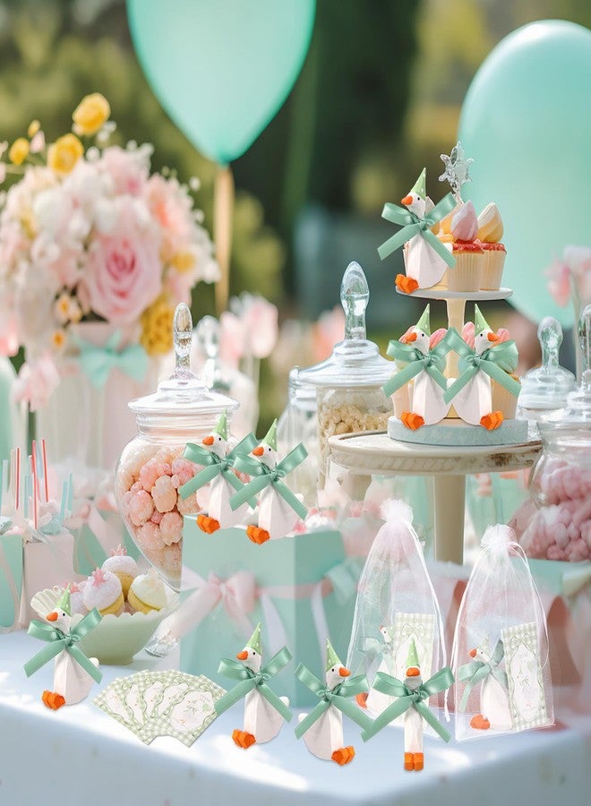 Leinuosen 6 Set Wooden Silly Goose Party Favors Handmade Mini Goose Figurines Gift with Thank You Card, Organza Bag Wooden Table Decor for Baby Shower Birthday Farm Themed Party (Green) - Image 4