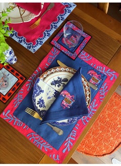 Pink Zebra Patterned Navy Blue Linen Decorative Placemat (1 Piece)
