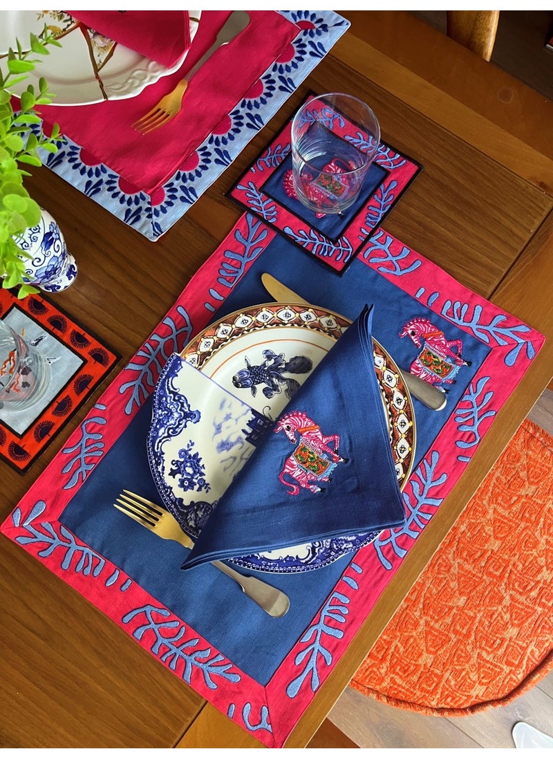 Ge Living Pink Zebra Patterned Navy Blue Linen Decorative Placemat (1 Piece)  - Image 1