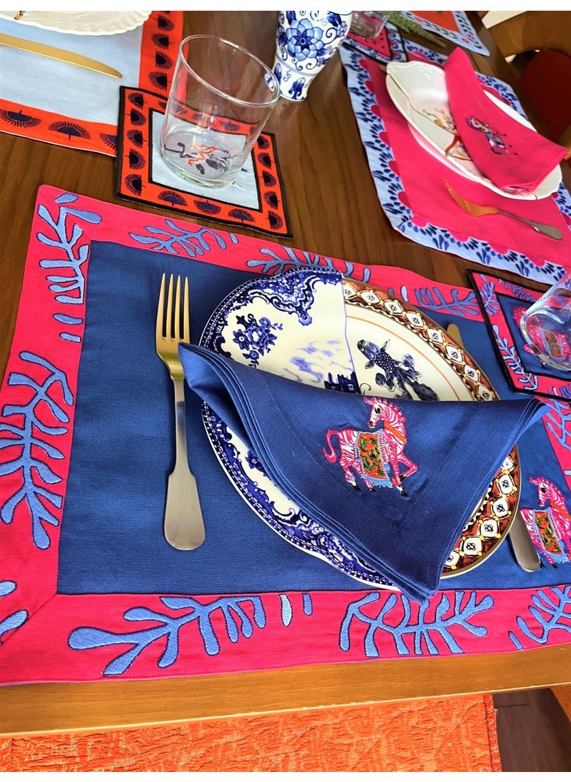 Ge Living Pink Zebra Patterned Navy Blue Linen Decorative Placemat (1 Piece)  - Image 3