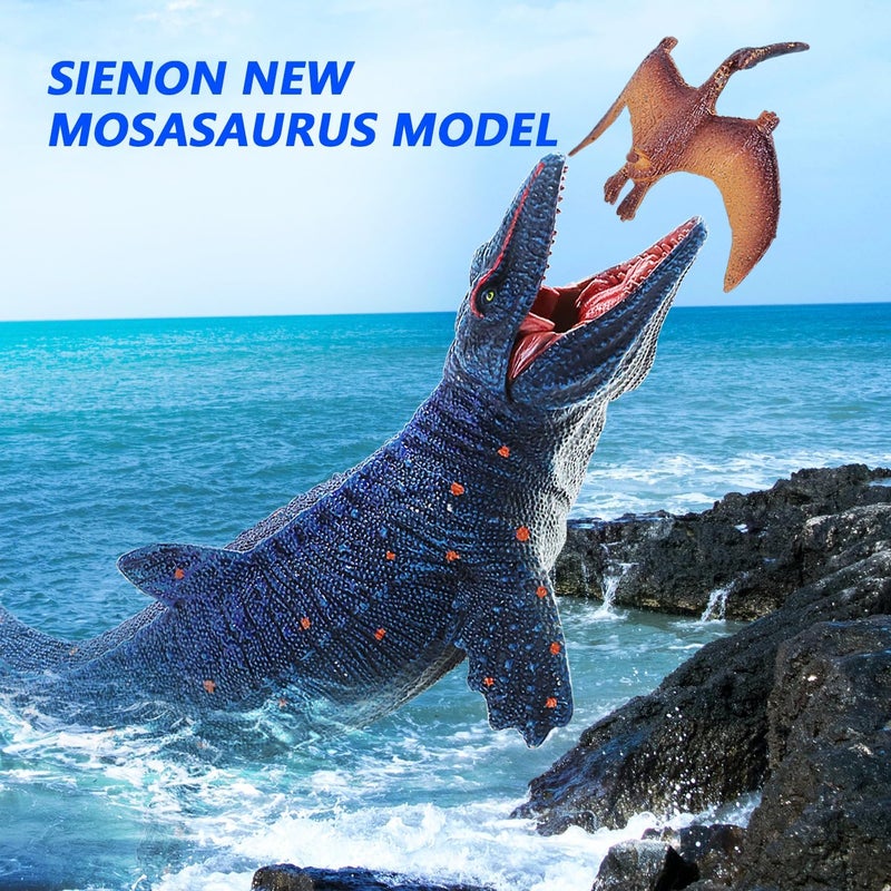 SIENON Large Jurassic Mosasaurus Dinosaur Toy Figure 11.4” - Plastic Blue Ocean Dino Hunting Pterosaur Playset for Kids - Image 2