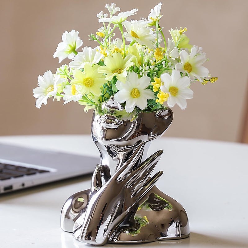 BrownLove Silver Ceramic Face Vase Modern Silver Decorative Art Vase Bookshelf Placed On The Desktop Small Living Room Office and Bedroom - Image 2