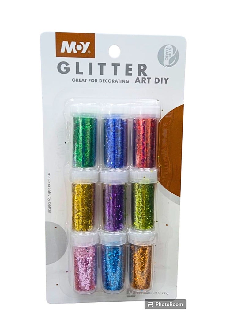 Moy Glitter Kit (9 Color Glitter With White glue 6ml) For Decorating Art Diy - Multi Color - Image 1