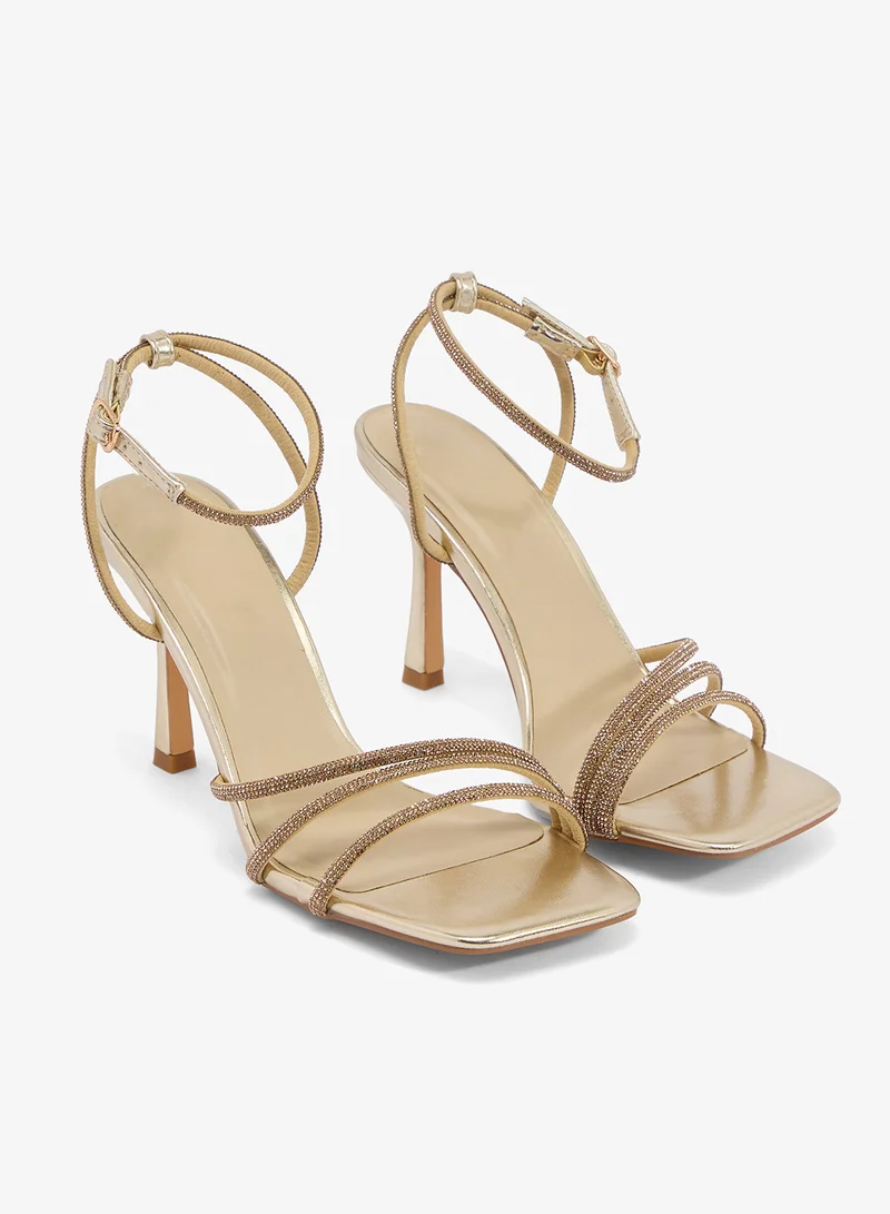 Truffle Gold Mid Heel Rhinestone Embellished Strap Detail Sandals for Women | Best Price UAE