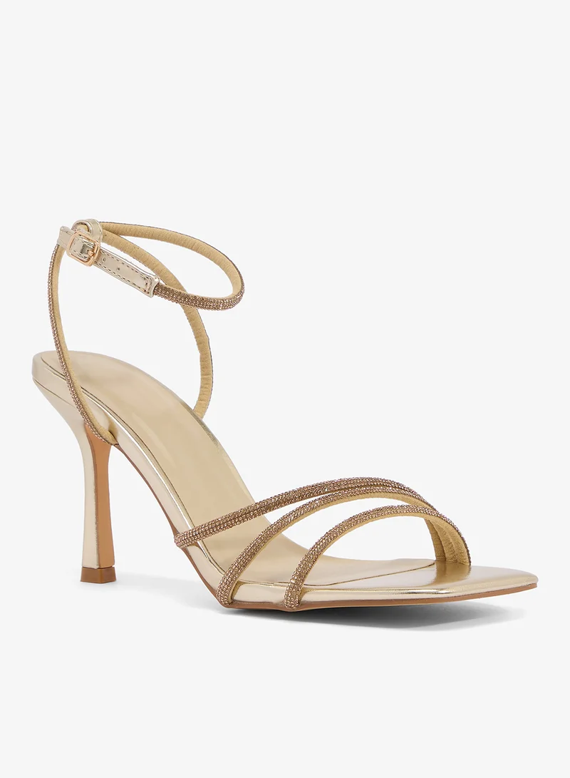 Truffle Mid Heel Rhinestone Embellished Strap Detail Sandals