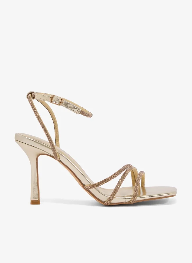 Truffle Mid Heel Rhinestone Embellished Strap Detail Sandals