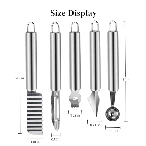 DAECHAO 5 Pcs Stainless Steel Fruit Carving Knife Set, Kitchen Fruit Carving Knife, Watermelon and Ice Cream Scoop, 2-in-1 Dig Pulp Separator Fruit Peeling Tool, Crinkle Knife and Lemon Zester Grater - Image 2