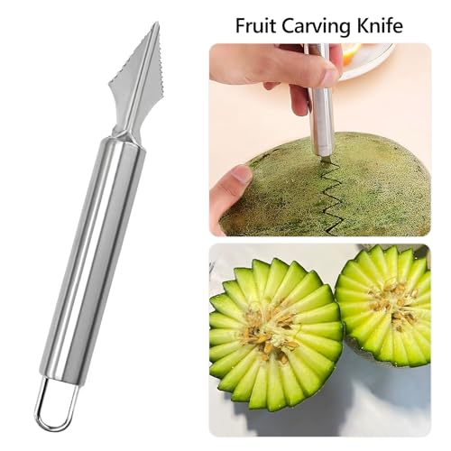 DAECHAO 5 Pcs Stainless Steel Fruit Carving Knife Set, Kitchen Fruit Carving Knife, Watermelon and Ice Cream Scoop, 2-in-1 Dig Pulp Separator Fruit Peeling Tool, Crinkle Knife and Lemon Zester Grater - Image 4