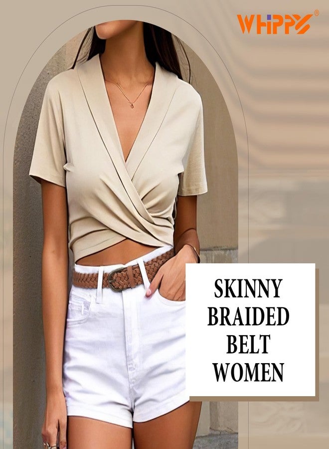 WHIPPY Women Braided Belt Skinny Casual Soft Faux Leather Woven Belt for Jeans Pants,Brown,S - Image 4
