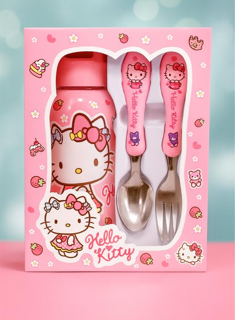 هالو كيتي طقم زمزمية وملعقة وشوكة للأطفال بتصميم شخصية هيلو كيتي | طقم أدوات طعام أنيق مع زمزمية مدرسية آمنة وسهلة الحمل | مثالي للاستخدام اليومي والسفر والنزهات