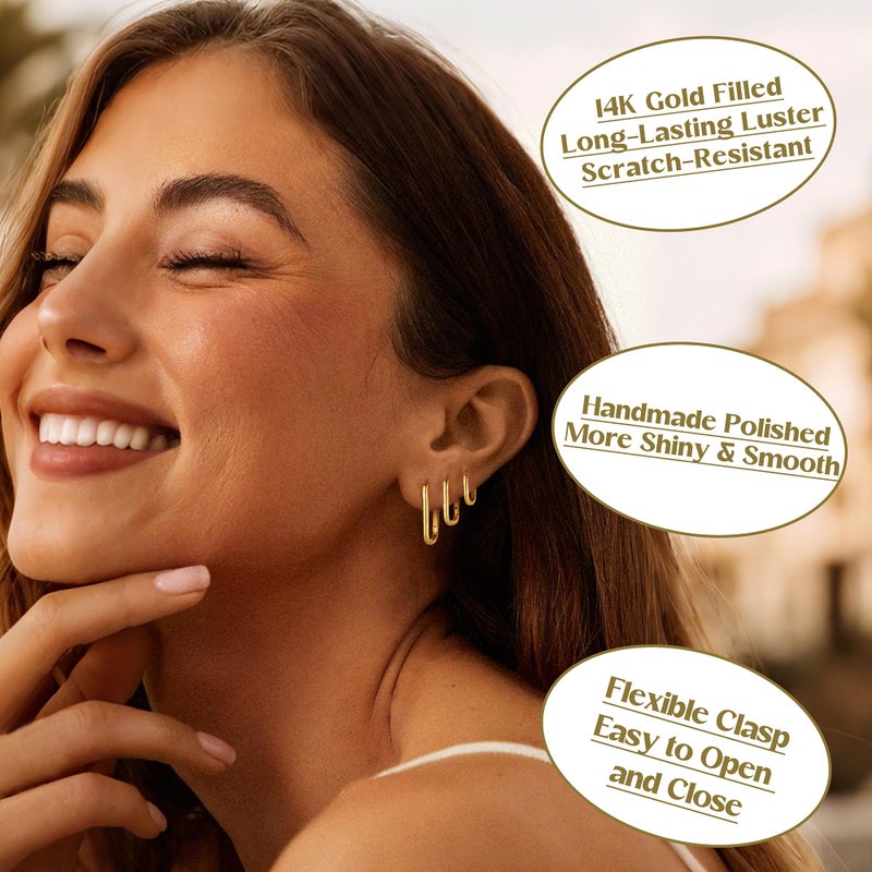 MILACOLATO 3Pairs 14K Gold Filled Hoop Earrings Set for Women Trendy Sterling Silver Post Small Chunky Hoop Earring Hypoallergenic Thick Huggie Hoop Earrings Stacks for Multiple Piercing Lightweight-C - Image 2