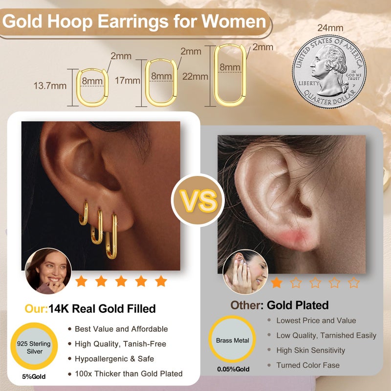 MILACOLATO 3Pairs 14K Gold Filled Hoop Earrings Set for Women Trendy Sterling Silver Post Small Chunky Hoop Earring Hypoallergenic Thick Huggie Hoop Earrings Stacks for Multiple Piercing Lightweight-C - Image 4