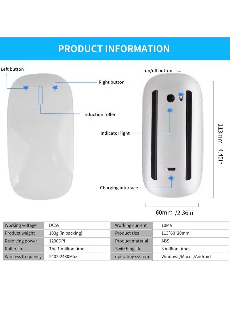 Mouse 3 Wirelessand Rechargeable,Mouse Multi-Touch, Bluetooth Connectivity,Quiet Travel Computer Mouse Ergonomic Design,Ultra-Thin Silent Mouse Multi Arc Touch Mice for Laptop Ipad Mac PC Macbook (White)