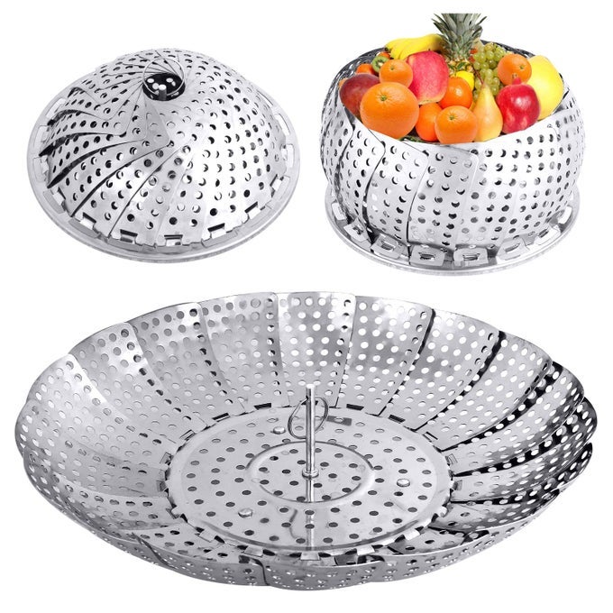 LARGE VEGGIE VEGETABLE STEAMER BASKET FOLDING STEAMING BASKET COLLAPSIBLE METAL STAINLESS STEEL STEAMER BASKET INSERT FOR COOKING FOOD EXPANDABLE FIT VARIOUS SIZE POT71 TO 118