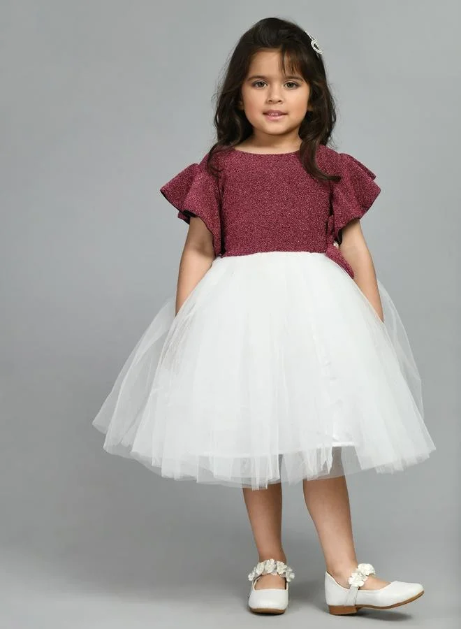 BELLA MODA Bella Moda Embellished Mesh Insert Ruffled Sleeve Knee-Length Dress
