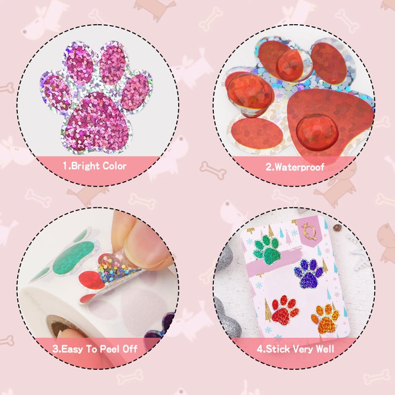 Anwyll Paw Stickers - Paw Prints Stickers 500Pcs 1Inch Puppy Dog Bear Paw Prints Sticker Self Adhesive Sparkling Colorful Paw Patrol Sticker Roll for Birthday Party Envelope Seal Card Gift Packaging - Image 3