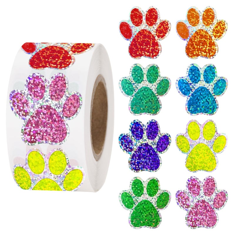 Anwyll Paw Stickers - Paw Prints Stickers 500Pcs 1Inch Puppy Dog Bear Paw Prints Sticker Self Adhesive Sparkling Colorful Paw Patrol Sticker Roll for Birthday Party Envelope Seal Card Gift Packaging - Image 1