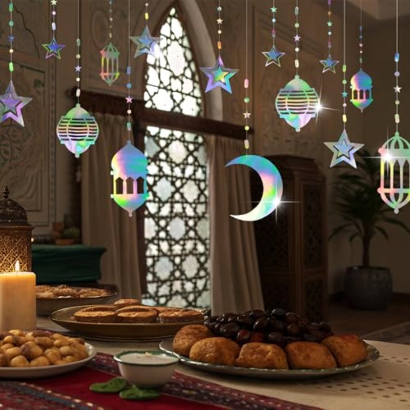 16pcs Star Moon Lantern Ramadan Garland Holographic EID Decoration Home Happy Ramadan Decor Euphoria Hanging Streamer Backdrop Banner for Lesser Bairam Islam Wedding Birthday Party Supplies - Image 5