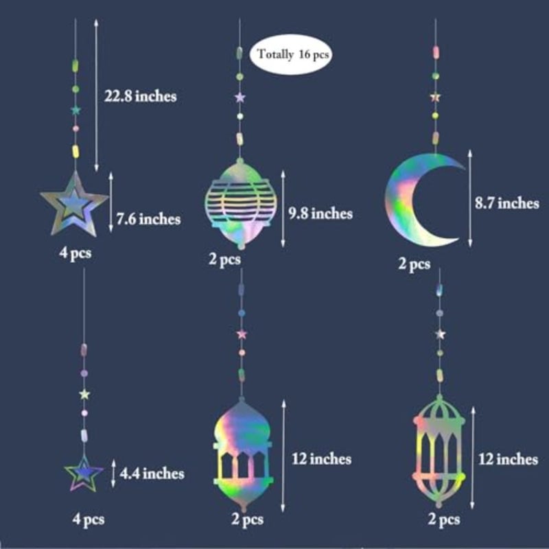 16pcs Star Moon Lantern Ramadan Garland Holographic EID Decoration Home Happy Ramadan Decor Euphoria Hanging Streamer Backdrop Banner for Lesser Bairam Islam Wedding Birthday Party Supplies - Image 2