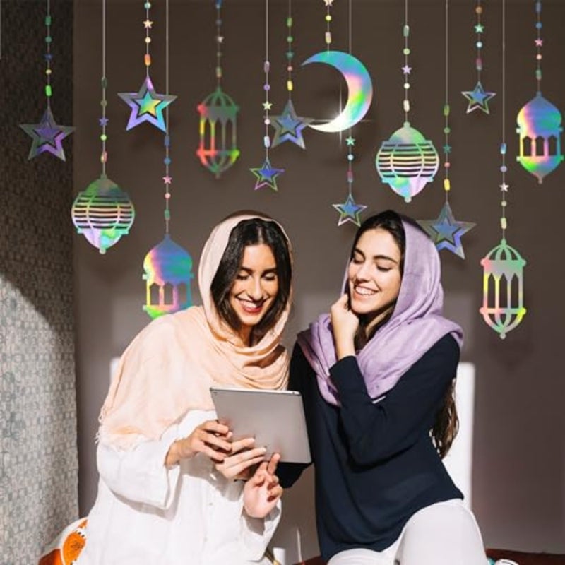 16pcs Star Moon Lantern Ramadan Garland Holographic EID Decoration Home Happy Ramadan Decor Euphoria Hanging Streamer Backdrop Banner for Lesser Bairam Islam Wedding Birthday Party Supplies - Image 4