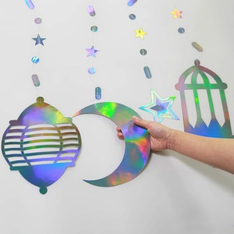 16pcs Star Moon Lantern Ramadan Garland Holographic EID Decoration Home Happy Ramadan Decor Euphoria Hanging Streamer Backdrop Banner for Lesser Bairam Islam Wedding Birthday Party Supplies - Image 3