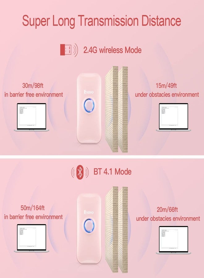 Eyoyo Mini 1D Bluetooth Barcode Scanner, 3-in-1 Bluetooth & USB Wired & 2.4G Wireless Barcode Reader Portable Bar Code Scanning Work with Windows, Android, iOS, Tablets or Computers(Pink) - Image 4