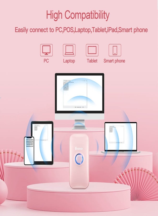Eyoyo Mini 1D Bluetooth Barcode Scanner, 3-in-1 Bluetooth & USB Wired & 2.4G Wireless Barcode Reader Portable Bar Code Scanning Work with Windows, Android, iOS, Tablets or Computers(Pink) - Image 5