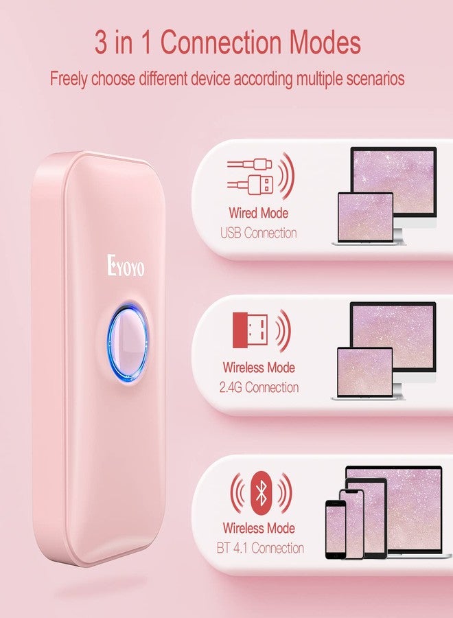 Eyoyo Mini 1D Bluetooth Barcode Scanner, 3-in-1 Bluetooth & USB Wired & 2.4G Wireless Barcode Reader Portable Bar Code Scanning Work with Windows, Android, iOS, Tablets or Computers(Pink) - Image 3