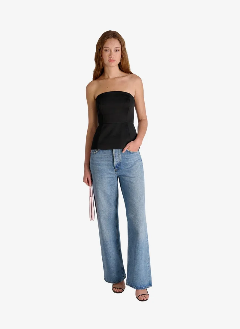فرنش كونكشن Women's Black York Satin Strapls Peplum Top