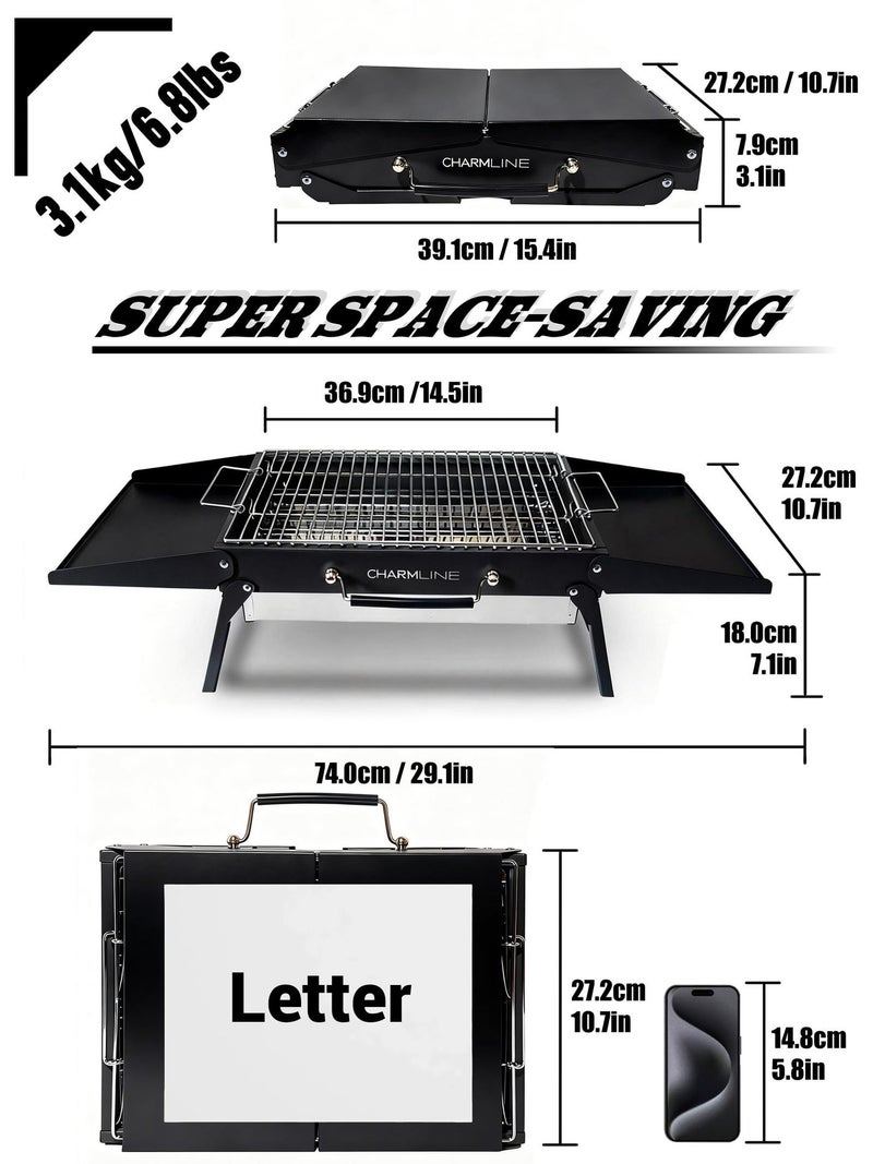 Charmline 15x11 inches Portable Charcoal Grill, Compact Portable BBQ Grill, Tabletop Charcoal Grills for Camping, Picnics, Gardens and Beach Parties, Black - Image 2