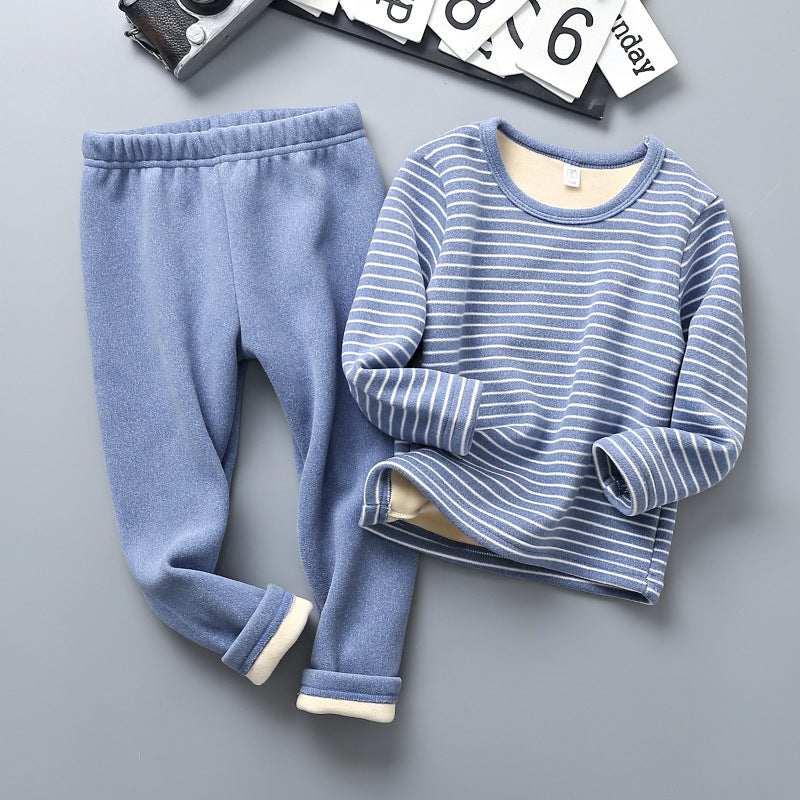 Kids Warm Velvet Cotton Underwear Set Striped blue (fleece-lined) 