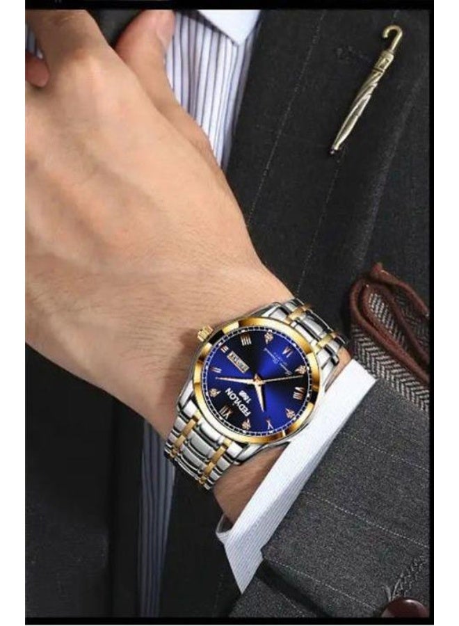 Fedylon FEDYLON Men’s Two-Tone Business Quartz Watch – Blue Dial, Dual Calendar, Luminous Hands, 30M Waterproof, Roman Numerals, Stainless Steel Look Wristwatch - Image 2