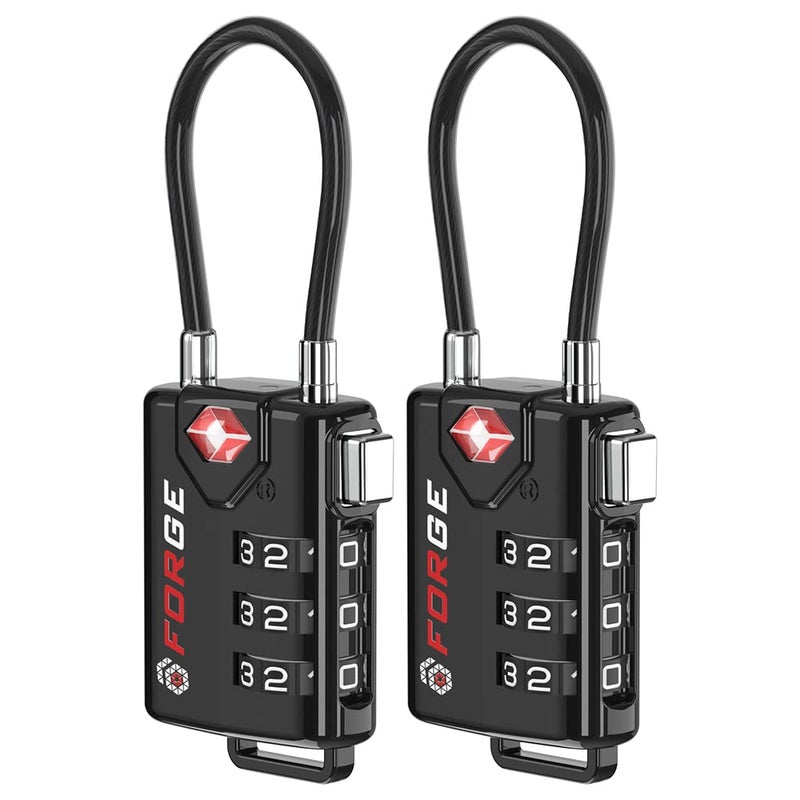 Forge TSA Approved Cable Luggage Locks, Re-settable Combination with Alloy Body, Black 2 Locks.  - Image 1