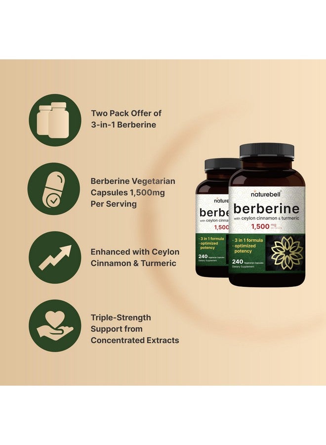 NatureBell عبوة 2 من مكمل البربرين 1500 ملغ مع 1000 ملغ من قرفة سيلون و 300 ملغ من الكركم، 480 كبسولة نباتية | 97% بربرين HCL نقي | يدعم مستويات السكر المتوازنة وصحة القلب | نباتي، غير معدل وراثيًا - Image 4