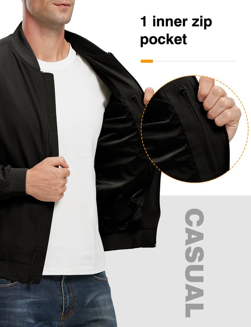 TBMPOY Men's Black Lightweight Bomber Jackets Light Windbreaker Casual Stylish Fall Golf Dress Business Varsity Black S - Image 5