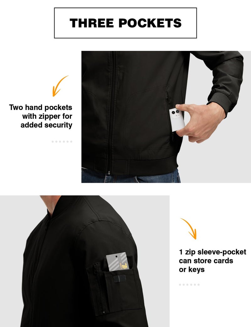 TBMPOY Men's Black Lightweight Bomber Jackets Light Windbreaker Casual Stylish Fall Golf Dress Business Varsity Black S - Image 4