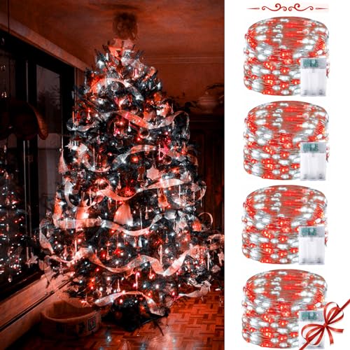 BOSSERN 4 Pack 60 LED Fairy Lights Battery Operated with Timer 20FT Waterproof String Lights Indoor Outdoor Cuttable Battery Light for Bedroom Wedding DIY Centerpiece Christmas Decorations Red and White - Image 1