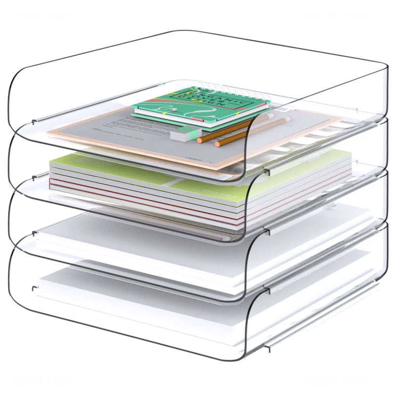 Tomorotec Desk Letter Tray Set A4 Size Clear PET Stackable Document Organizer Office Desktop File Paper Holder Book Storage Rack Side Load AntiSkid Stacking Support Convex Bottom 4X Portrait