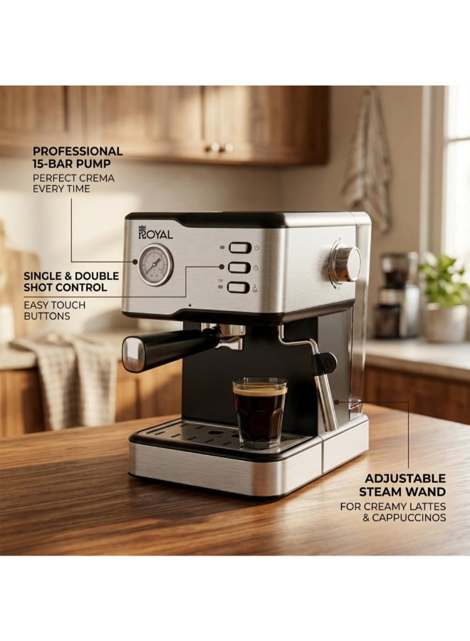 Royal All-In-One Coffee Maker to make Espresso, Cappuccino with 15 Bar Steam Pressure Pump, Svivel Steam Jet to Froth Milk, Keep Warm Tray and Automatic Shut-Off 1.5 L 950 W Royal Coffee Maker Machine RA-CM3815 Silver - Image 3