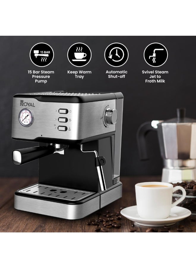 Royal All-In-One Coffee Maker to make Espresso, Cappuccino with 15 Bar Steam Pressure Pump, Svivel Steam Jet to Froth Milk, Keep Warm Tray and Automatic Shut-Off 1.5 L 950 W Royal Coffee Maker Machine RA-CM3815 Silver - Image 2