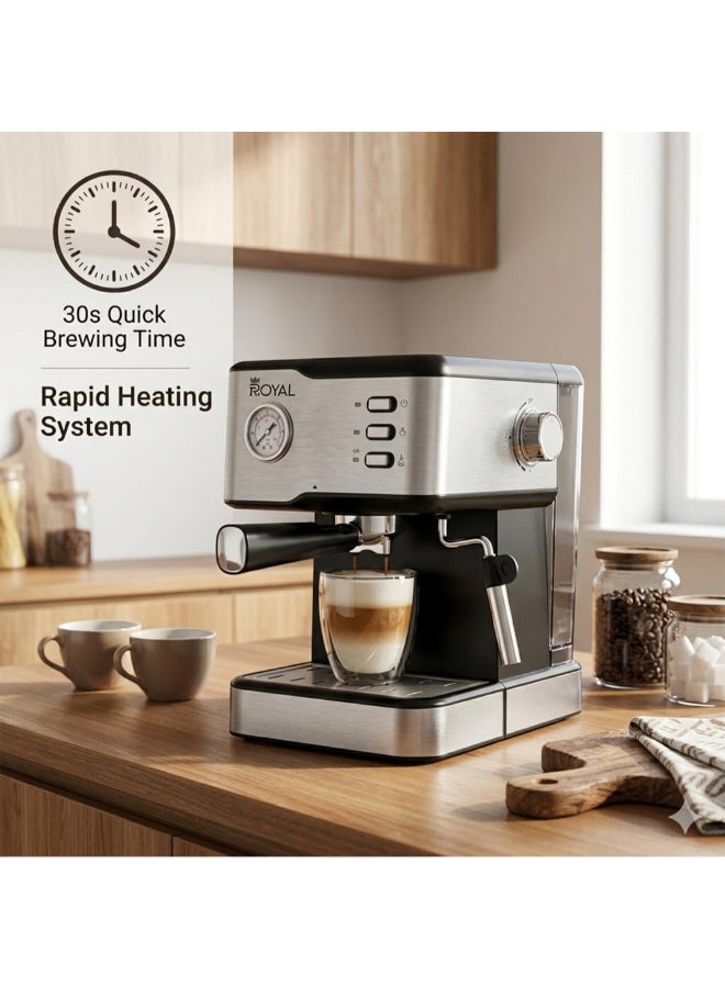 Royal All-In-One Coffee Maker to make Espresso, Cappuccino with 15 Bar Steam Pressure Pump, Svivel Steam Jet to Froth Milk, Keep Warm Tray and Automatic Shut-Off 1.5 L 950 W Royal Coffee Maker Machine RA-CM3815 Silver - Image 4