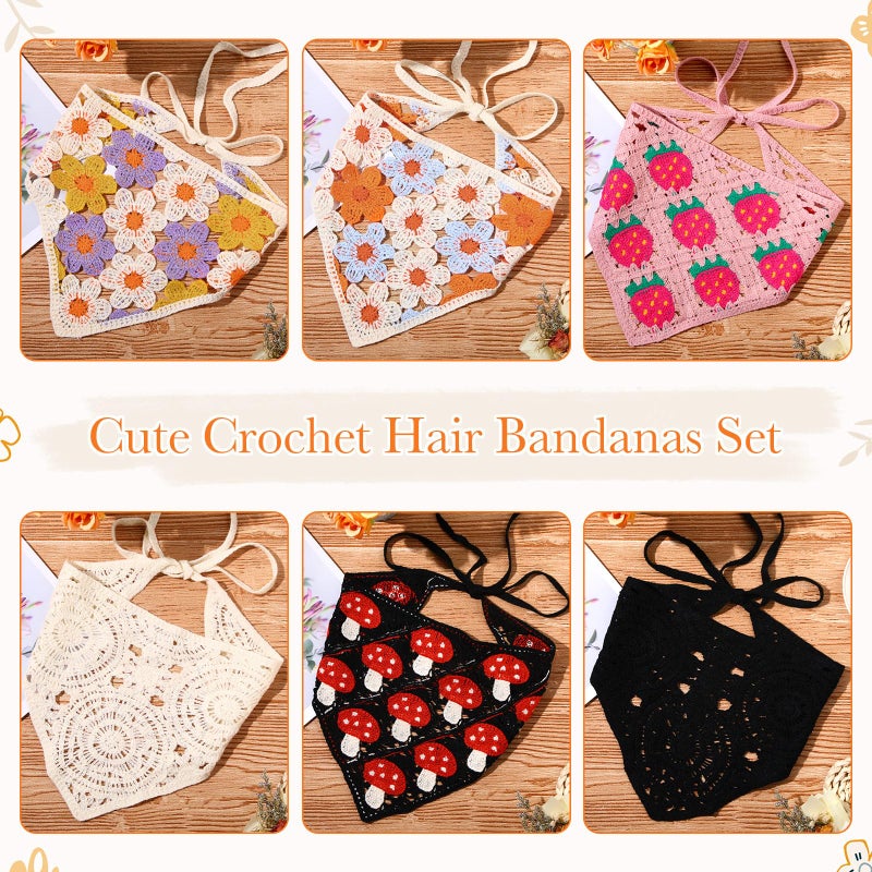 JaGely 6 Pcs Crochet Bandanas Headbands for Women Girls Knitted Floral Boho Crochet Head Scarf Vintage Head Kerchief Decor - Image 4