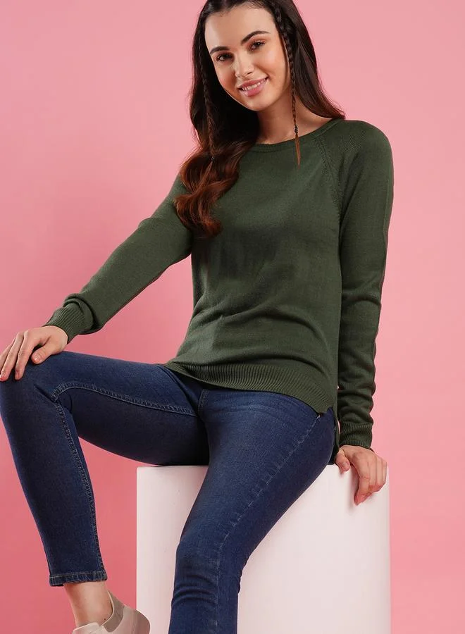 globus Women Green Ribbed Hem Knitted Sweater