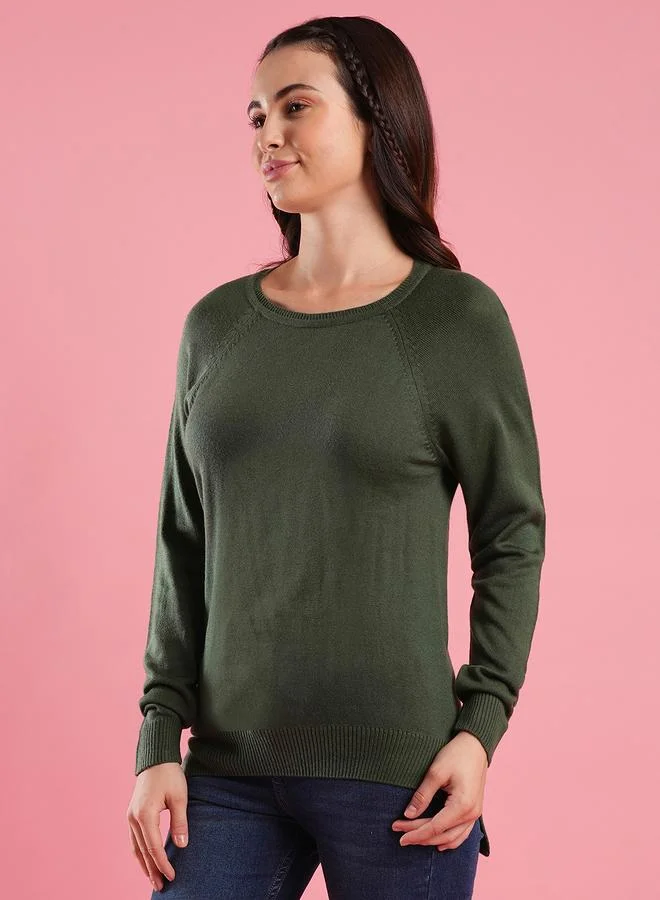 globus Women Green Ribbed Hem Knitted Sweater